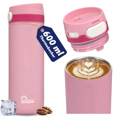 Zdjęcie produktu dla Majestic Sport Nord kubek termiczny 600 ml, kubek do kawy na wynos 100% szczelny, utrzymuje ciepło przez co najmniej 6 godzin, nie zawiera BPA - smukła stal nierdzewna, różowy.