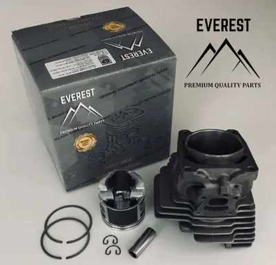 A product shot of a chainsaw cylinder kit, including the cylinder, piston, and rings, next to its packaging.