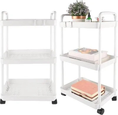 Image de Ensemble de chariots de cuisine blancs à 3 étages, multifonctionnels, 2 pièces