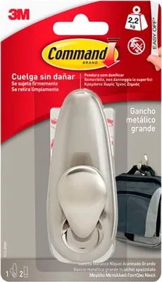 Immagine prodotto di Command gancio grande in metallo, nichel lucido - 1 gancio e 2 strisce adesive - Gancio per borse, vestiti e altri accessori sulla parete o sulla porta - Nessun foro - Sostiene fino a 2,2 kg