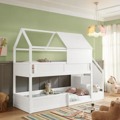 Productafbeelding van MODFU Etagebed voor kinderen, 80x200 cm, met veiligheidsrelingen. Massief houten bedframe. Huisbed voor tieners met trap en twee slaapplekken, wit (zonder matras)