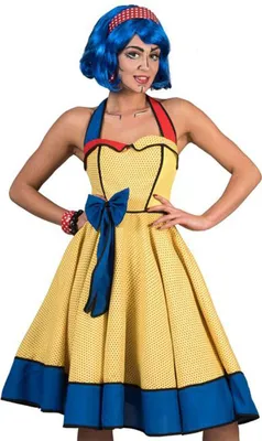 Produktbild von Pop Art Neckholder Kleid für Damen - Gelb Blau | 50er 60er Jahre Retro Party Kostüm Größe: 48/50