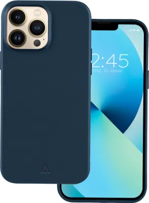 A dark blue iPhone 14 Pro Max case is shown next to the phone.
