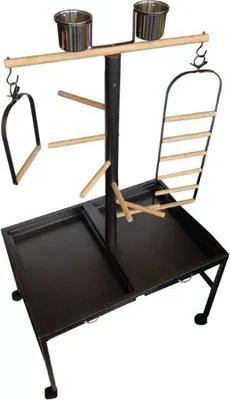 A black bird stand with wooden perches and metal cups.
