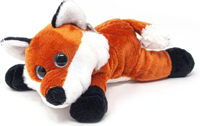 A plush toy fox lying on a white background.