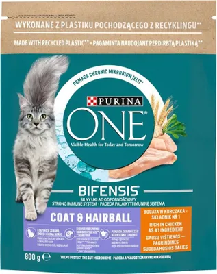 A bag of Purina One cat food with a cat illustration and images of chicken and wheat.