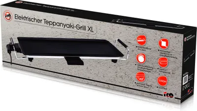 The image shows the retail packaging of an electric Teppanyaki grill. The box is angled, displaying the grill itself and various feature icons.