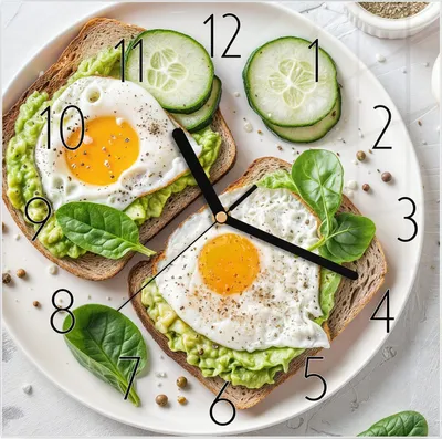 Produktbild von Wanduhr aus Glas mit Motiv Brot und Avocado- 30 x 30 cm - inkl. Aufhängesystem