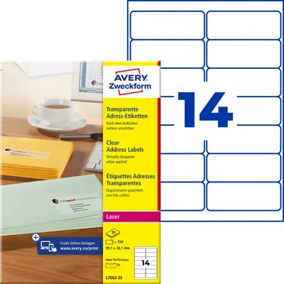 Produktbild von Avery Zweckform L7563-25, Adress-Etiketten, A4, 99,1 x 38,1 mm, 350 Etiketten / 25 Bögen, transparent