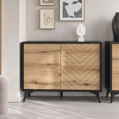 Produktbild von Kommode DIAMOND K2D Gefräste Front Fischgrätmuster Eiche Evoke Schwarz Matt Metallfüße Schrank Sideboard