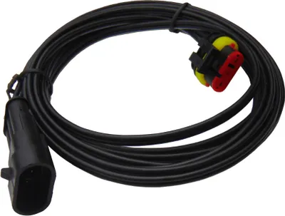 A black cable with two connectors, one on each end, is coiled on a white background.