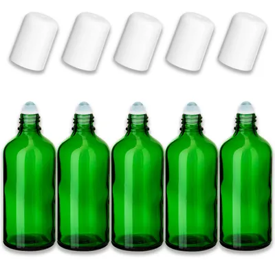 Produktbild von 5x Grüne Glasflasche 100 ml Roll-On mit weißem Verschluss – Glaskugel