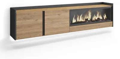 Image de Meuble tv effet bois de chêne et noir 212x35x50cm cheminée effet feu