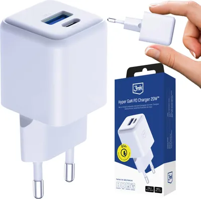 Obrázok produktu pre Biela sieťová nabíjačka, rýchle nabíjanie 20W QC4+ PD PPS, dva porty USB-C USB-A 3mk Hyper GaN PD Charger