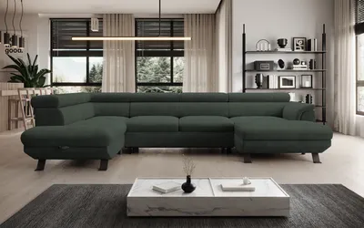 Zdjęcie produktu dla DomoHome ECKSOFA RAVEN XL - Narożnik z funkcją spania z wysuwanym łóżkiem, regulowane zagłówki, pojemnik na pościel, duża sofa 334x198x162 cm lewa strona las