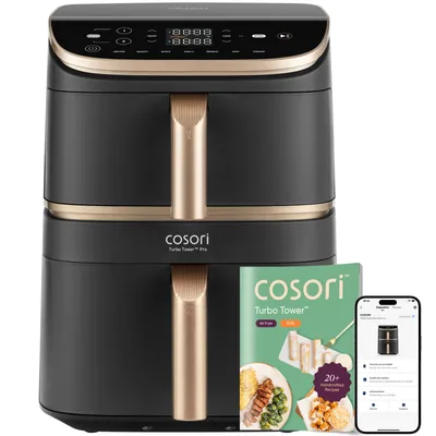 Produktbild von Cosori Heißluftfritteuse Turbo Tower Pro Smart, 10.8L (4,3 l + 6,5 l), Doppelkammer, Steuerung über VeSync-App, 2 starke Motoren, einzigartiges Design