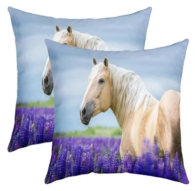 Productafbeelding van Kussensloopsets, 40x40 cm, 2 stuks, paardmotief, bloemen, paars, polyester