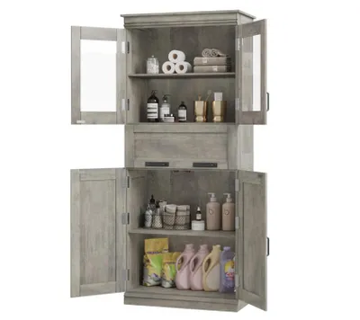 Image de Armoire de salle de bain avec 1 tiroir et 4 portes, armoire de salle de bain haute avec étagères réglables Armoire de rangement 170 x 60 x 30 cm, gris