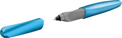 A blue and gray pen with its cap off, displayed on a white background.