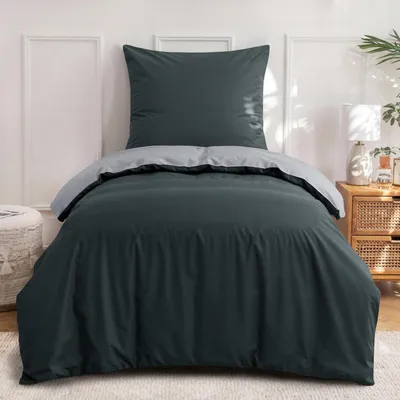 Produktbild von Bettwäsche-Set 155x220 cm Baumwolle Anthrazit Grau mit Kissenbezug 80x80 cm Wendebettwäsche Reißverschluss Eckbändchen