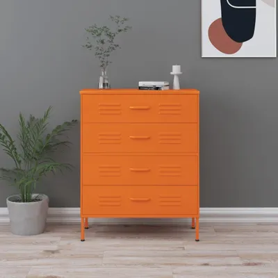 A modern living room setting with a bright orange dresser against a grey wall and a plant.