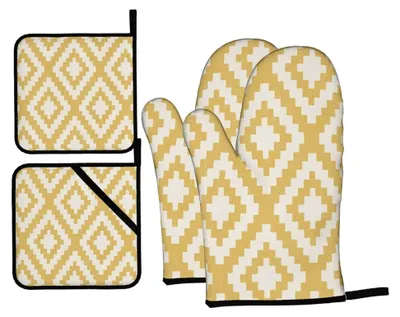 Produktbild von Ofenhandschuhe und Topflappen, geometrische Senffarben, Set mit 4 rutschfesten Grillhandschuhen, Küchenhandschuhe, hitzebeständig, für Küche, Kochen, Backen, Grillen