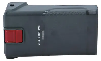 A gray battery pack with a red button and a battery status indicator.