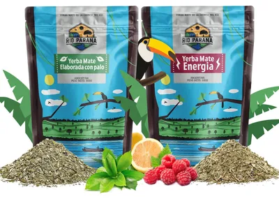 Produktbild von Rio Parana - Mate Tee Set Elaborada Energia 2x500g - Luftgetrocknet - Mit Guarana & Himbeere - Yerba Argentinien 1kg