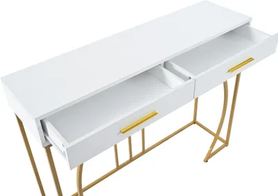 Produktbild von okwish Konsolentisch Beistelltisch Flurtisch(Metallgestell, Tischplatte aus MDF) mit 2 Schublade, Sofatisch für Wohnzimmer, Schlafzimmer, Weiß/Gold