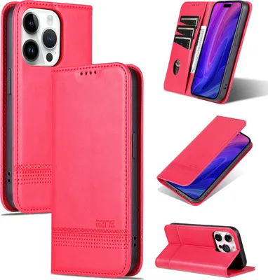 Image de Etui en cuir pour iPhone 15 Pro, étui portefeuille pliable avec fermeture magnétique et support Rose