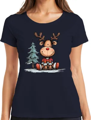 Produktbild von Lustiges Rentier mit roter Nase Weihnachtsbaum Geschenk Winter Damen T-Shirt, Navy, S