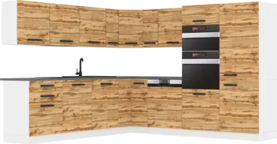 Image de Belini Kitchenette bloc cuisine forme L JANE Meubles de cuisine avec poignées, Cuisine intégrée sans appareils électroménagers avec meubles hauts et bas, sans plans de travail, chêne Wotan