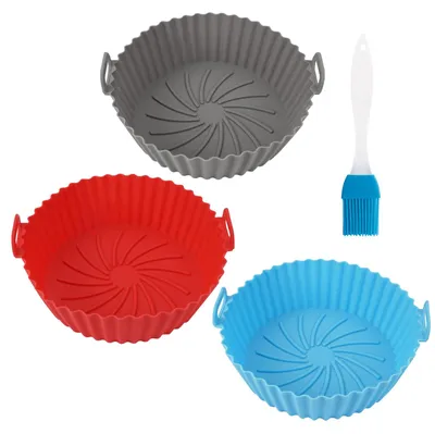 Image de Moule en silicone 3 pièces pour friteuses à air chaud, insert rond en silicone (16,5 cm de diamètre) pour friteuses à air chaud, moule en silicone réutilisable pour friteuses à air chaud, four et micro-ondes