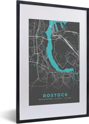 Produktbild von MuchoWow® Gerahmtes Poster Blau - Deutschland - Karte - Rostock 40x60 cm - Poster mit Schwarzem Bilderrahmen Wandposter Rahmen Foto Bilder - Poster in Rahmen