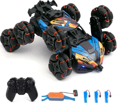 Obrázek produktu pro Dálkově ovládané driftovací auto, otáčení o 360°ã, stříkací kaskadérské auto s 8 koly, světla, hudba, 3 baterie, dobíjecí elektrická hračka pro děti, chlapce a dívky, oranžová a modrá barva