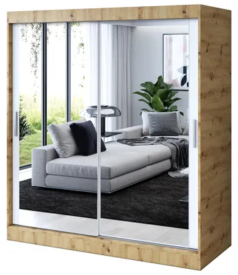 Zdjęcie produktu dla Szafa przesuwna Dąb Artisan / Biały Mat - 180x200cm - Szafa przesuwna KARL - z 2 lustrami- do sypialni i garderoby
