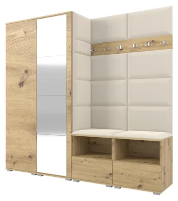 Produktbild von Garderobe NELA VI 200 cm Kompaktgarderobe Artisan Eiche mit Spiegel & Sitzpolster Creme 01 (Schrank & Paneel)