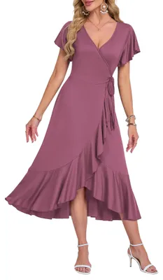 Produktbild von Sommerkleid Damen, kurze Ärmel, V-Ausschnitt, hohe Taille, mittellang, Größe L, Strandkleid