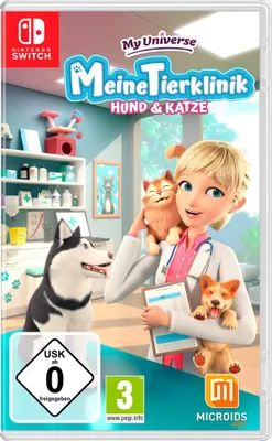 A video game box for Nintendo Switch featuring cartoon characters of a veterinarian with a cat and two dogs.