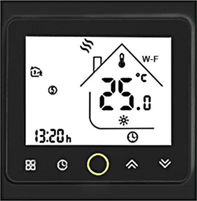 A digital thermostat display showing temperature, time, and Wi-Fi status.
