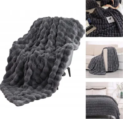 A collage of images showing a gray plush blanket draped over furniture and on a bed.