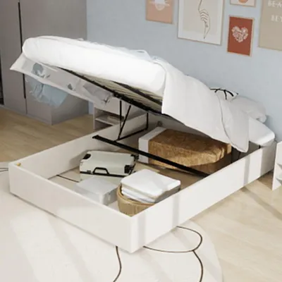 Produktbild von MODFU Plattformbett 160x200 Jugendbett mit Gasdruckfeder,Minimalistisches Bettgestell Bettrahmen ohne Kopfteil und Matratze,Stauraumbett mit Stauraum,Beige