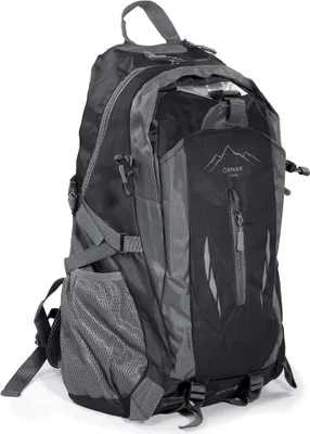 A black and gray backpack shown from a diagonal front view against a white background.