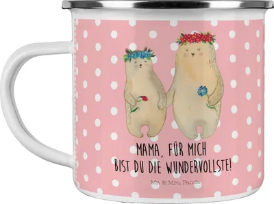 Produktbild von Mr. & Mrs. Panda Pott Bären mit Blumenkranz - Rot Pastell - Geschenk, Familie, Muttertag, Tasse Emaille, Family, Mami, Becher, Haferl, Blechtasse, Töchter, Teetasse
