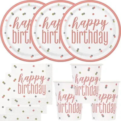 Produktbild von Partyset Einweggeschirr roségold 48 tlg. Partygeschirr Teller Becher Servietten Geburtstag Happy Birthday