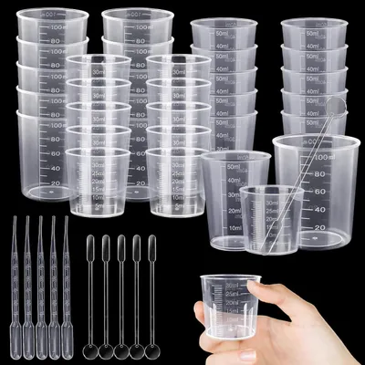 Image de Jeu de béchers de mesure, 30 pièces, avec pipettes et cuillères de mélange, en plastique, pour résine époxy, cuisson, laboratoire. Contenu : 30 ml, 50 ml, 100 ml