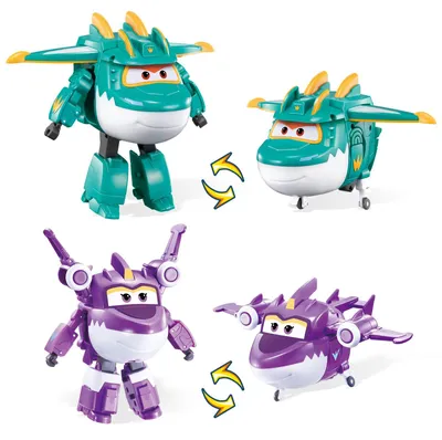 Produktbild von Super Wings Dinosaurier 2PCS Tino & Sally, 12,7 cm Flugzeug-Spielzeug, 2 in 1 Actionfigur für Vorschulkinder, Spielzeug für Mädchen und Jungen ab 3 Jahren, grün und lila
