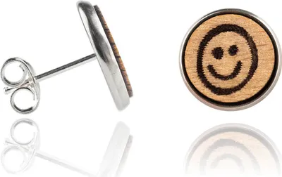 Produktbild von Ohrringe Holzohrstecker Edelstahl mit Smiley lachend in Buchenholz