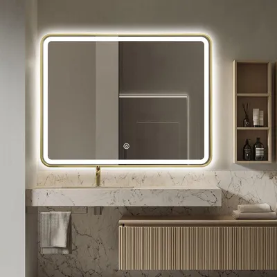 Produktbild von FENOMÉ Badspiegel Mat Goud mit integrierter LED-Beleuchtung & Spiegelheizung – 60 × 80 cm