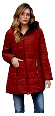 Produktbild von Steppjacke für Damen, warme lange Winterjacke, gefüttert, Fleece, Daunenjacke, Baumwolle, Pufferjacke, langärmlig, lässige Fleecejacke mit Kapuze, Wintermantel, Outdoor, Trachtenjacke